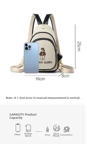 Detail view of mini canvas backpack with bear embroidery and 25x16x8cm size comparison