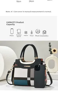 Checkered geometric handbag size guide showing 24cm width and internal storage capacity
