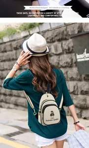 Detail of beige canvas mini backpack with cute bear embroidery and Fashion Queen text