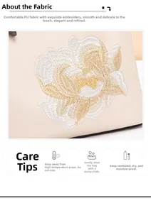 Detail of cream PU leather bag featuring elegant floral embroidery and fabric texture