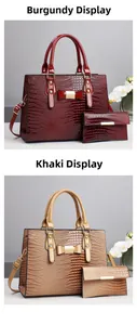 Detail of burgundy and khaki croc-embossed handbag set with bow-knot metal clasp