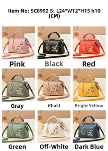 Detailed grid showing vintage floral embroidery on PU leather bags with metal leaf charms