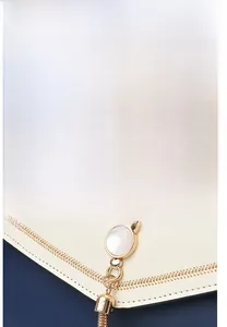 Detail of navy blue and cream leather crossbody bag with gold magnetic buckle and cat tassel