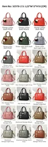 Detailed grid showing multi-color options and size specs for the leather handbag