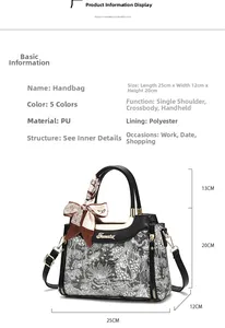 Detailed dimensions of the black and white patterned handbag with silk scarf bow accessory