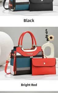 Detailed view of plaid tote bag set with metal brand plaque and matching small pouch