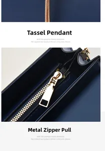 Detail of dark blue leather handbag showing fringe tassel and gold zipper hardware