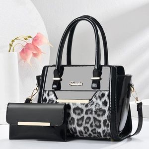 Glossy PU Patent Leather Handbag And Wallet Leopard Print Patchwork Large Capacity Retro Tote Bag For Women