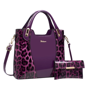 Purple leopard print tote bag and matching wallet set in glossy patent leather finish
