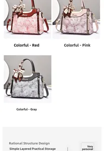 Detailed view of floral leather tote bags in red, pink, and grey with ribbon bow handles