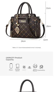 Tableau des tailles et capacité du sac à main en cuir marron avec pendentif feuille