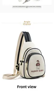 Detailed embroidery of cartoon bear and text on a beige canvas crossbody bag