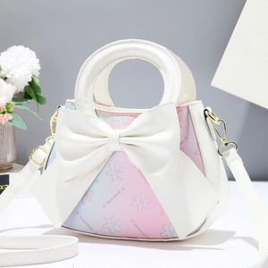 Women Sweet Handbag PU Leather Gradient Floral Print Large Bow Crossbody Bag With Top Handle Fashionable Shoulder Bag