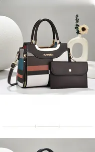 Detail view of coffee plaid handbag set with metal chain strap and logo texture