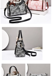 Detailed views showing floral pattern leather, metal handle, and silk scarf on the handbag
