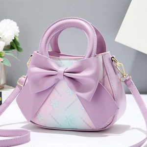 Chic lavender bow handbag featuring gradient pastel leather and delicate floral patterns