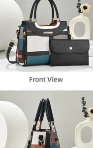 Detail of color-block plaid handbag set featuring two pieces with a metal U-shaped handle