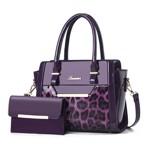 Purple leopard print faux leather handbag and matching long wallet set with gold logo