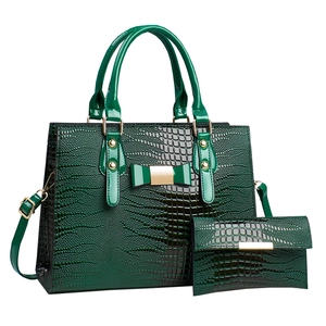 Dark green faux crocodile leather handbag and wallet set with bow and shoulder strap