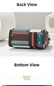 Detail view of the geometric plaid handbag showing the protective gold studs on the base