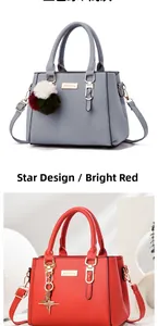 Detail of red and grey faux leather handbags with gold hardware and star charm