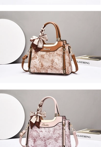 Detail of floral embossed PU leather handbags in brown and pink with scarf-wrapped handles