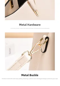 Detailed shot of reinforced gold-tone metal hardware and hooks on beige leather handbag
