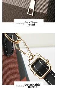 Detailed view of the plaid shoulder bag with a metal zipper pocket and detachable buckle