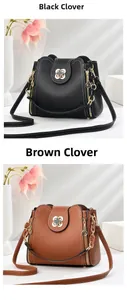 Close-up of litchi grain leather bucket bags with clover shaped metal magnetic clasps