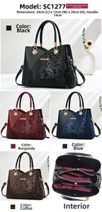 Detailed views of SC1277 faux snake skin handbag with 28x12x20cm size and internal layout
