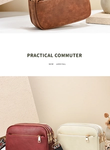Close-up of three textured leather crossbody bags featuring multi-zipper layers and boho straps