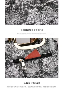 Detail view of printed PU leather handbag featuring a secure back zipper pocket