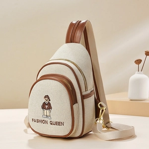 Women Crossbody Chest Bag Canvas PU Leather Trim Cartoon Bear Embroidery Multi Zipper Casual Fashion Mini Backpack