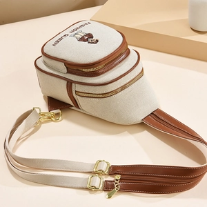 Cartoon bear embroidered canvas chest bag with three layers and brown leather trim