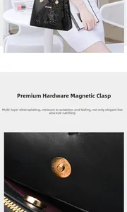 Detail of premium gold magnetic buckle with electroplated finish on black handbag
