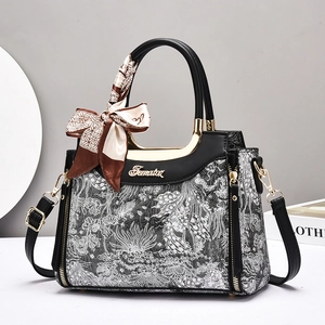 Women Handbag Shoulder Bag PU Leather Floral Jacquard Large Capacity Retro Elegant Street Style With Satin Scarf Decor