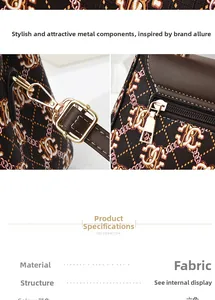 Close-up of golden buckles and zippers on vintage monogram fabric tote bag with brown leather trim