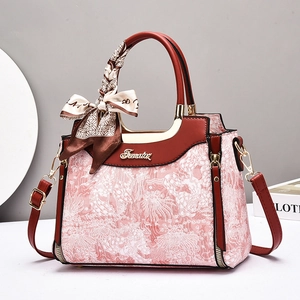 Floral jacquard tote bag in dark red and pink with silk scarf and shoulder strap