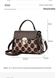 Detailed view of monogram crossbody bag showing dimensions 21x12x15cm with leather handle