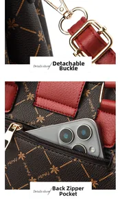 Détails de la poche zippée arrière et du fermoir doré amovible du sac fourre-tout
