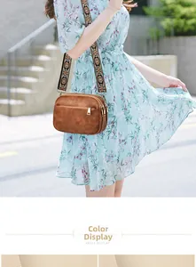 Brown multi-layer crossbody bag with vintage ethnic embroidered wide shoulder strap