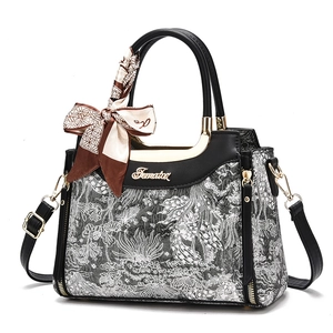 Elegant black handbag with grey embroidery and silk scarf, large capacity tote bag