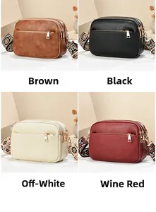 Close-up of three-layer crossbody bags in brown, black, beige, and wine red with ethnic straps