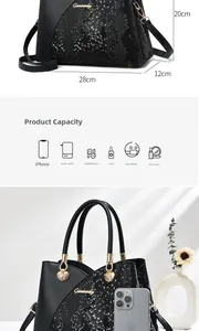 Detailed capacity diagram of black faux snake leather handbag with dimensions 28x20x12cm
