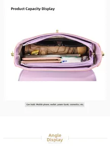 Vue intérieure du sac bandoulière violet montrant la capacité pour téléphone et parapluie