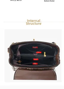Detailed interior of a brown plaid handbag featuring multiple compartments and zip pockets