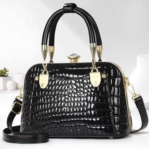 Women Crocodile Pattern PU Leather Handbag Glossy Patent Doctor Bag With Crystal Lock Gold Hardware Elegant Crossbody