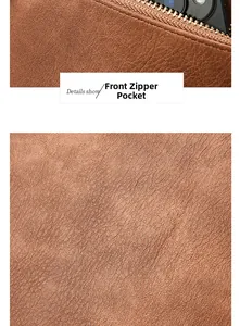 Close-up of brown grain leather texture and front zipper pocket detail on shoulder bag