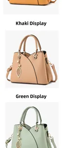 Detail of lychee pattern leather bags in khaki and green with leaf pendant and strap