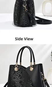 Detail of snake-embossed leather tote with golden shell buckles and side profile view